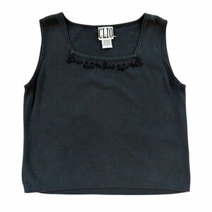 Clio Elegant Black Square Neck Cropped Tank Top with Embroidered Details